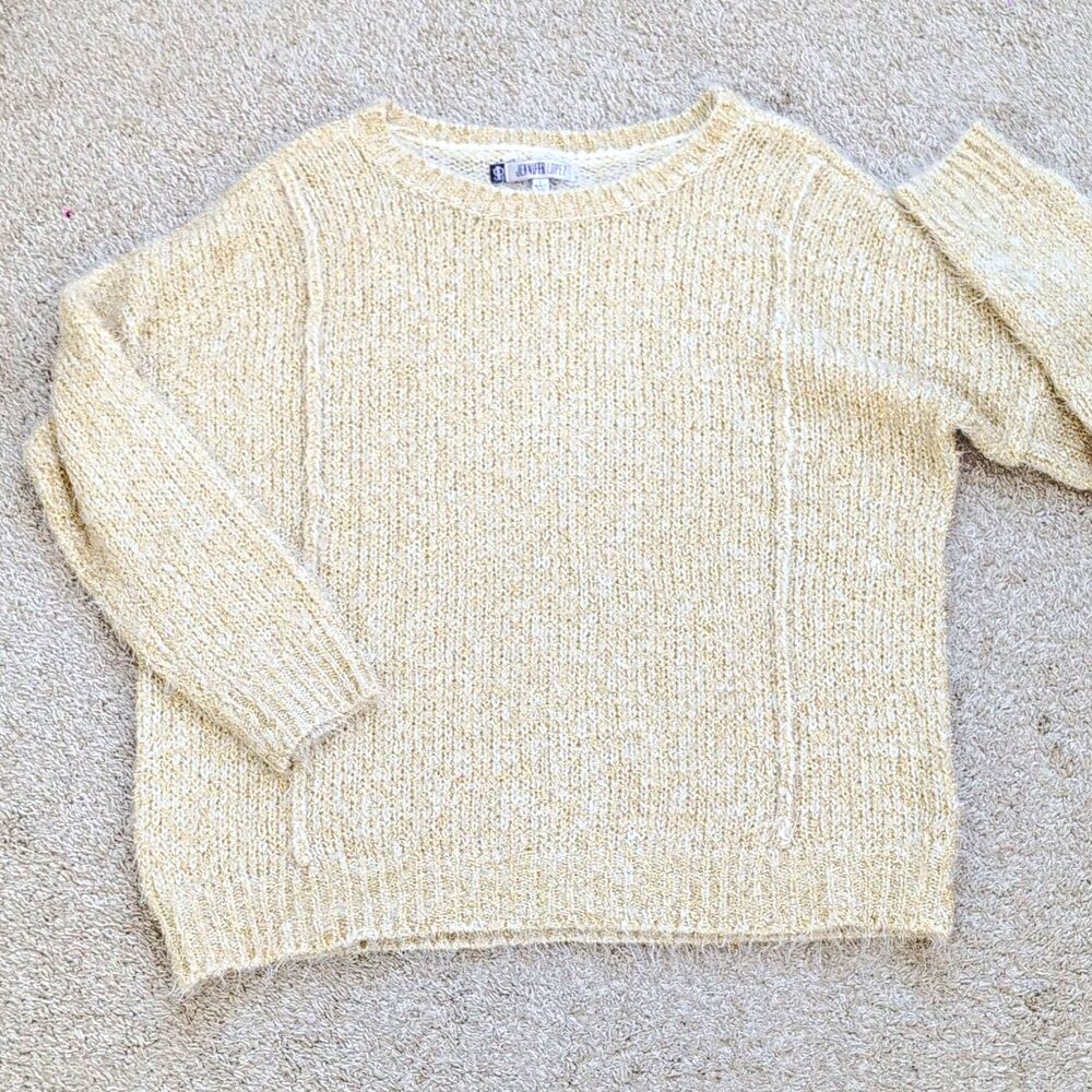 JENNIFER LOPEZ Gilded Glamour Gold Metallic Shimmer Knit Sweater Cream L